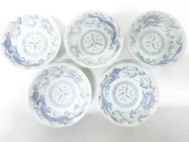 古伊万里　染付　線描き龍紋　なます皿　5客